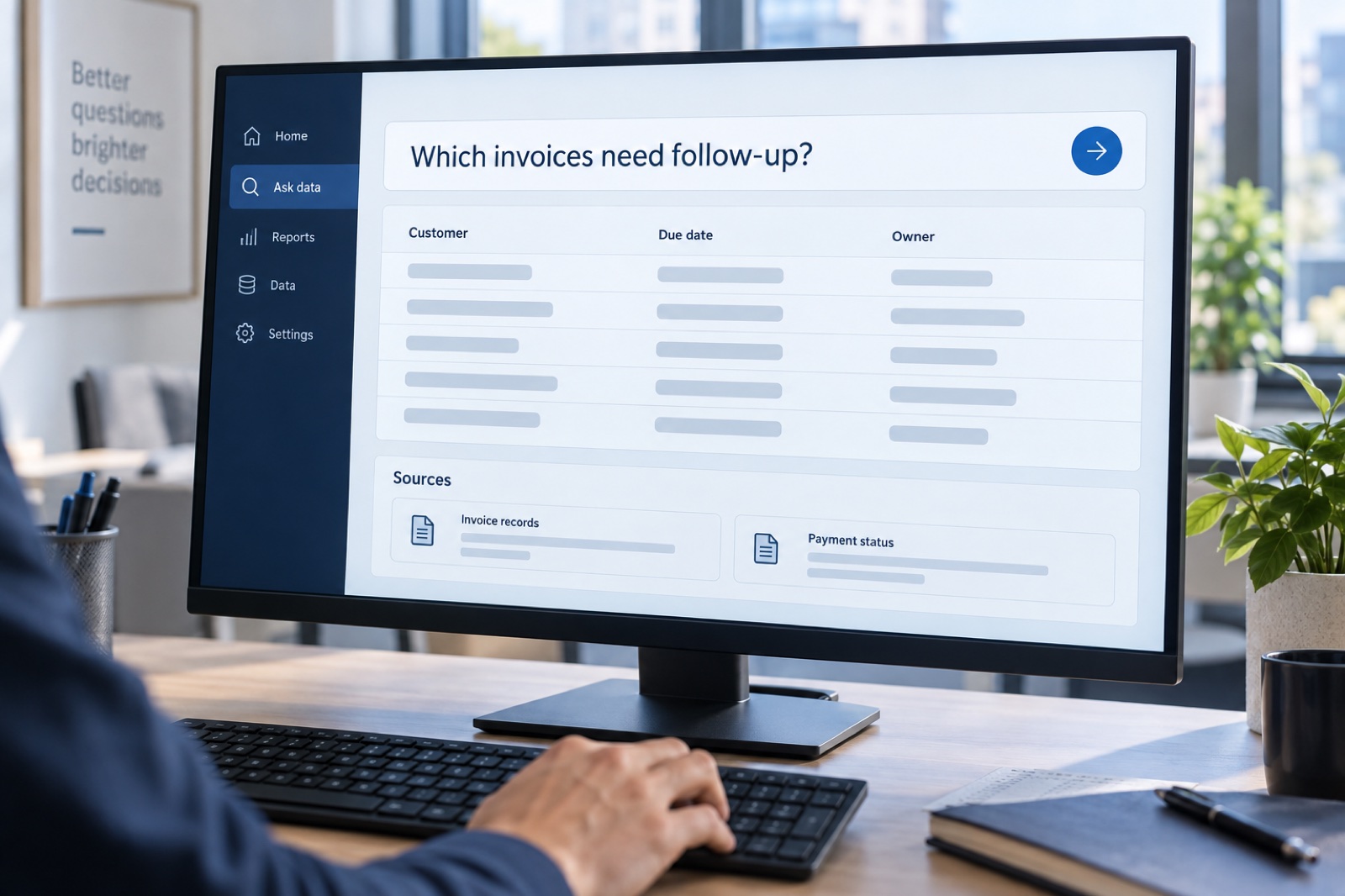 Illustrative data enquiry interface asking which invoices need follow-up, with customer, due date and owner fields and linked invoice and payment sources.