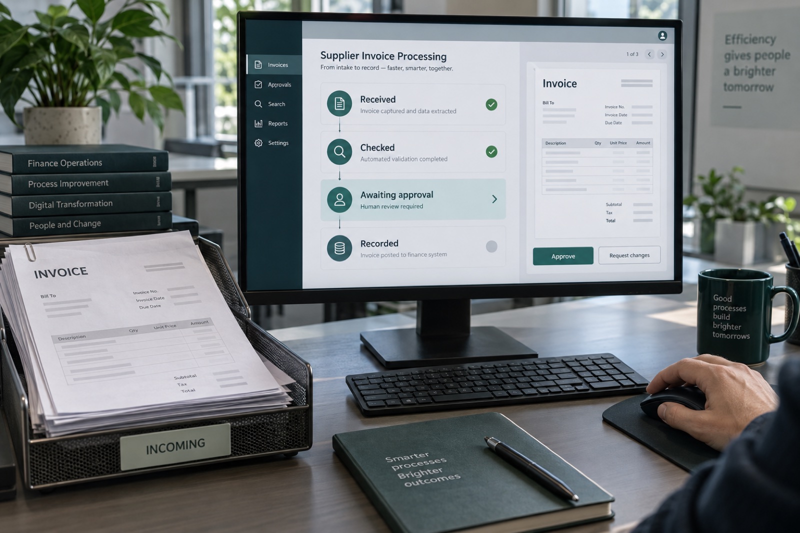 Illustrative supplier invoice processing scene showing receipt, automated checks, a human approval step and recording in finance.