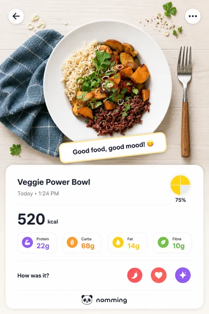 Nomming meal screen showing a food photograph, calories and macronutrients