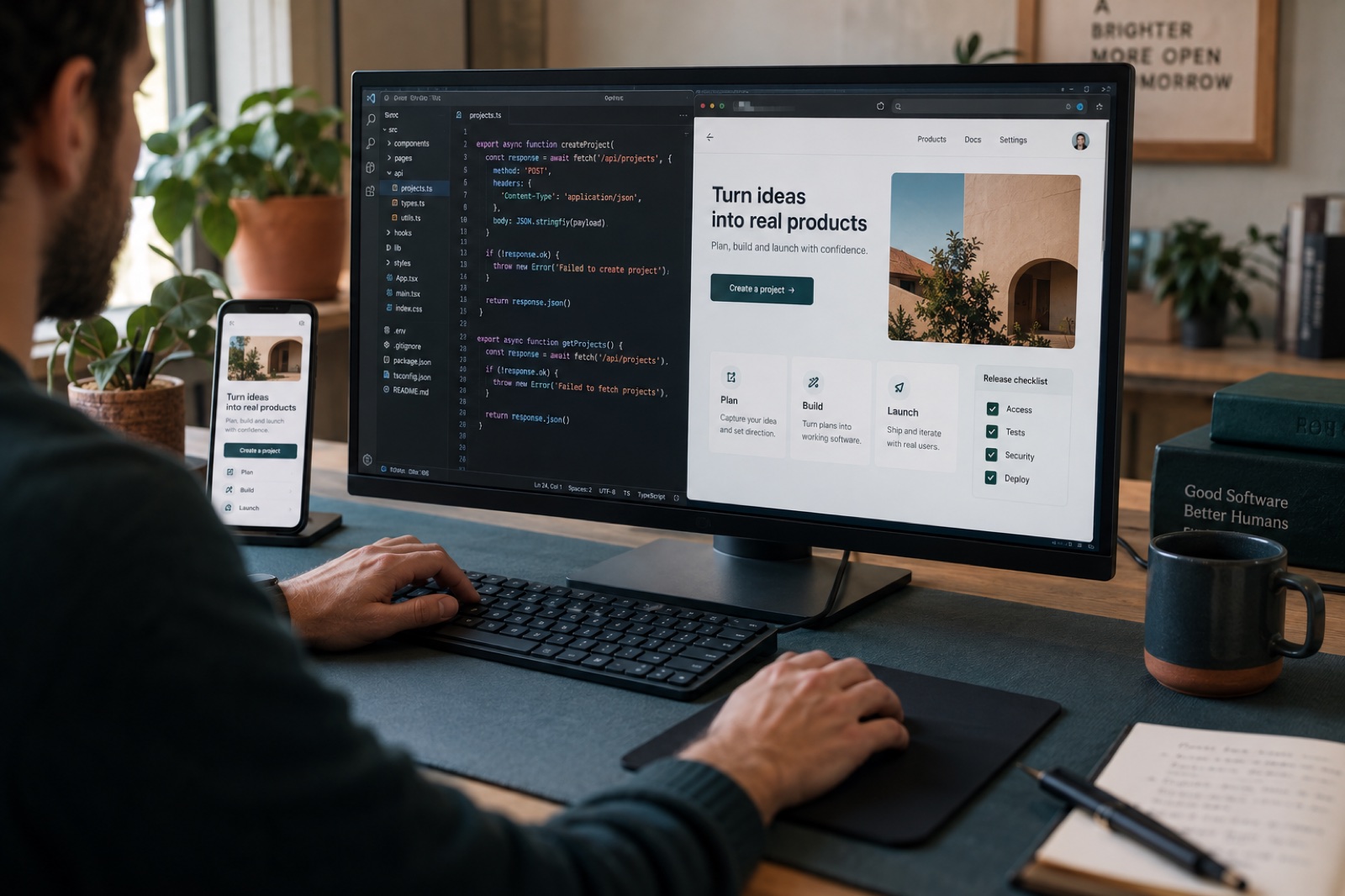 Illustrative product engineering scene with a code editor, web application preview, mobile application and release checklist.